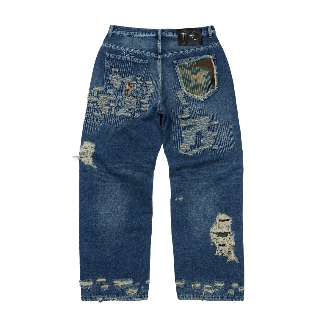 Vintage-Stitched Camo Denim Pants