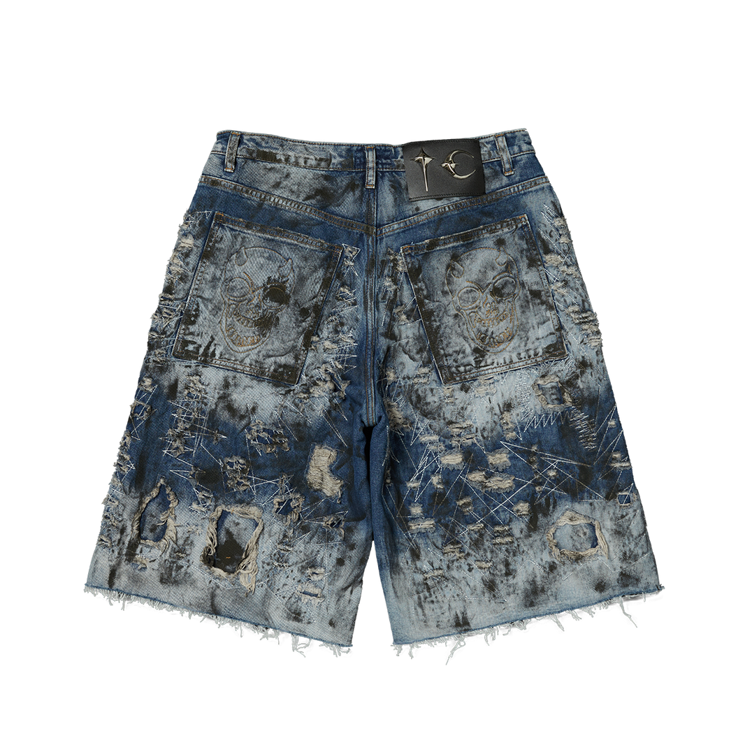 HARD WASHED DESTROYED DENIM SHORTS