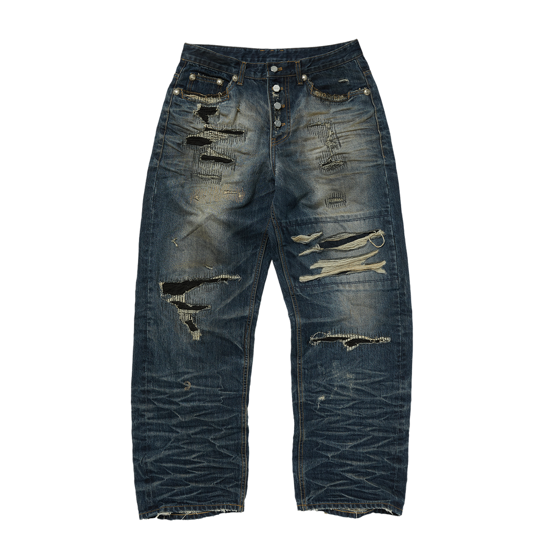 SKULL STITCH RIPPED DENIM PANTS