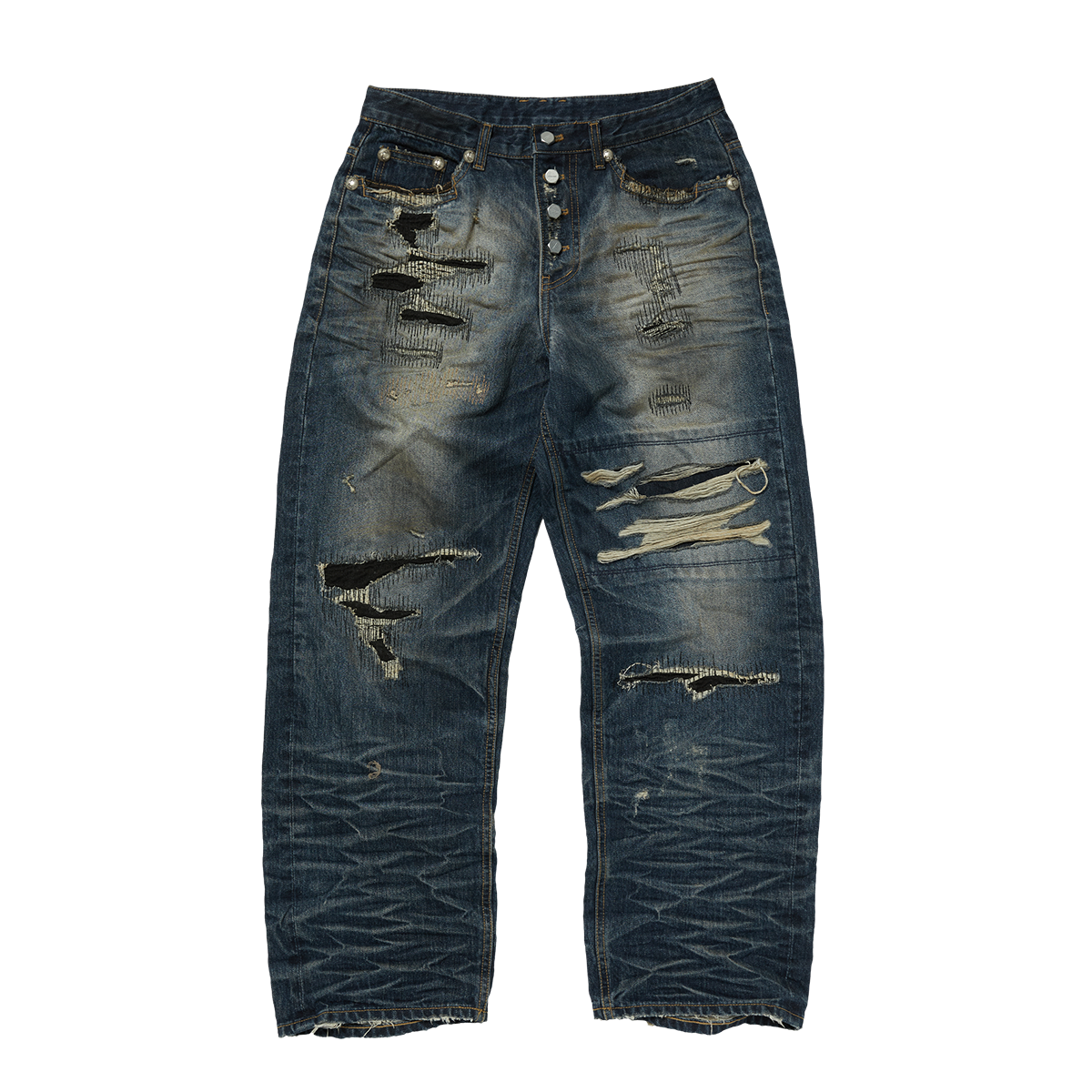 SKULL STITCH RIPPED DENIM PANTS