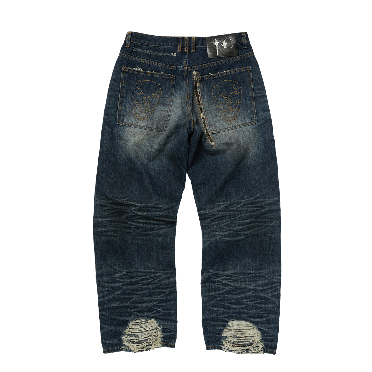 SKULL STITCH RIPPED DENIM PANTS
