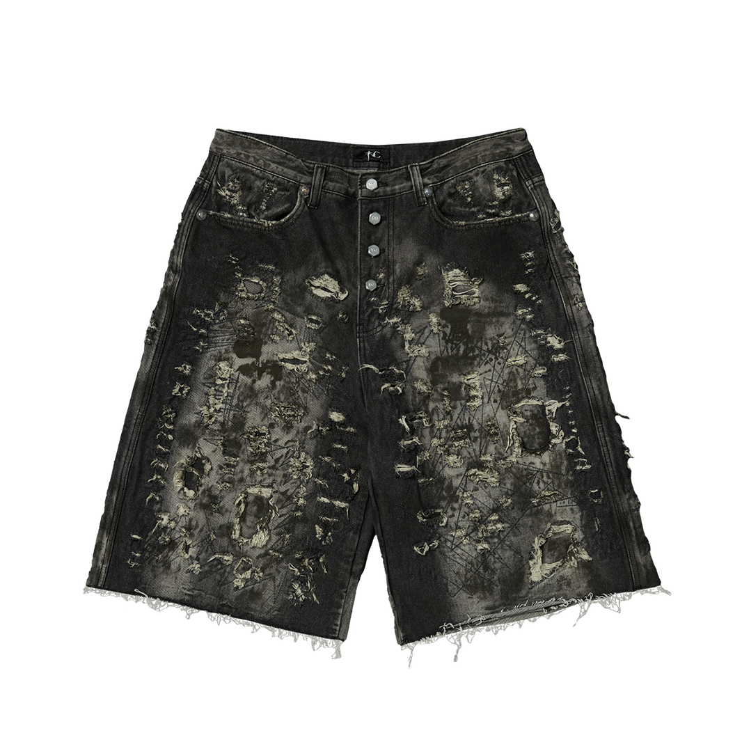 HARD WASHED DESTROYED DENIM SHORTS