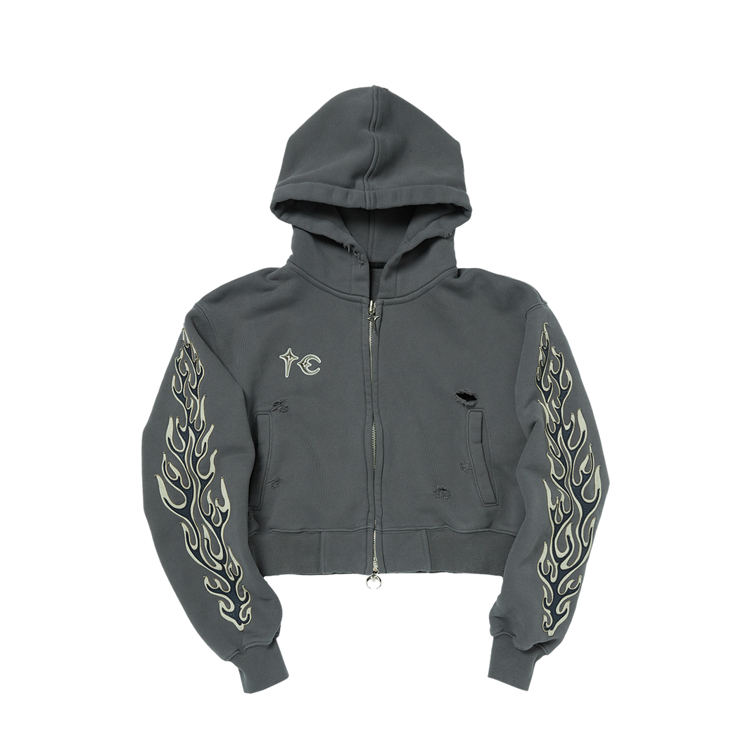 Leather Flame Cropped Hooded Zip-Up