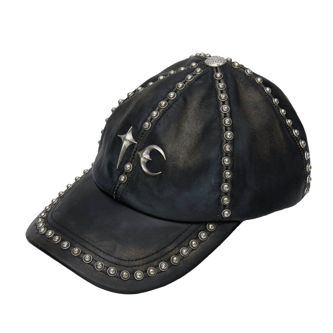 Studded Washed Leather Cap