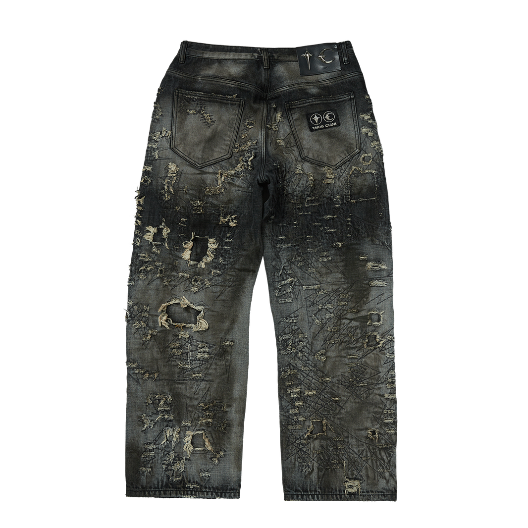 Hard-Washed Damaged Denim Pants