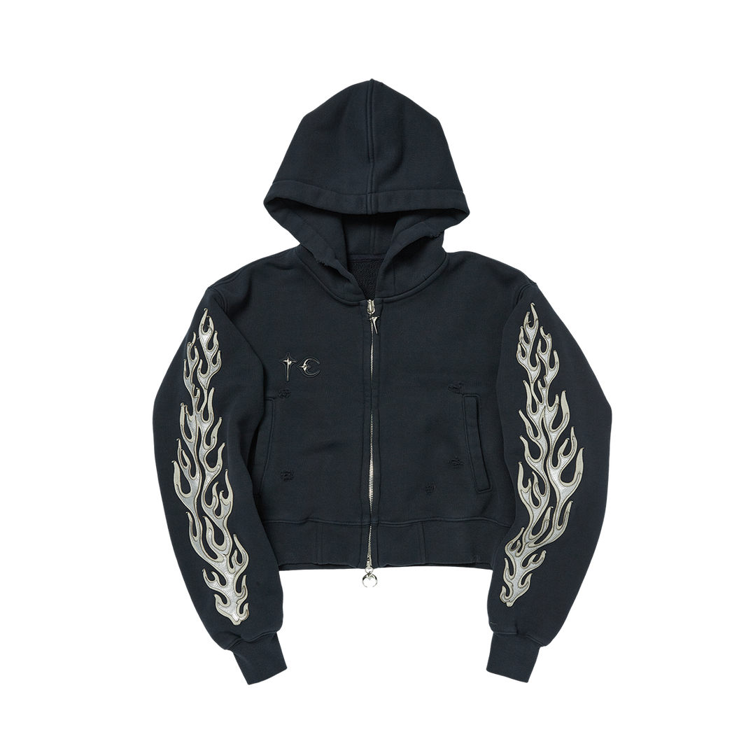 Leather Flame Cropped Hooded Zip-Up