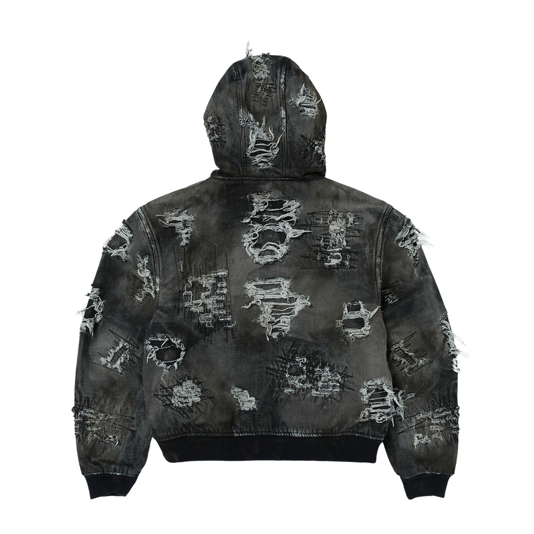 Hard-Washed Damaged Denim Hooded Zip-Up